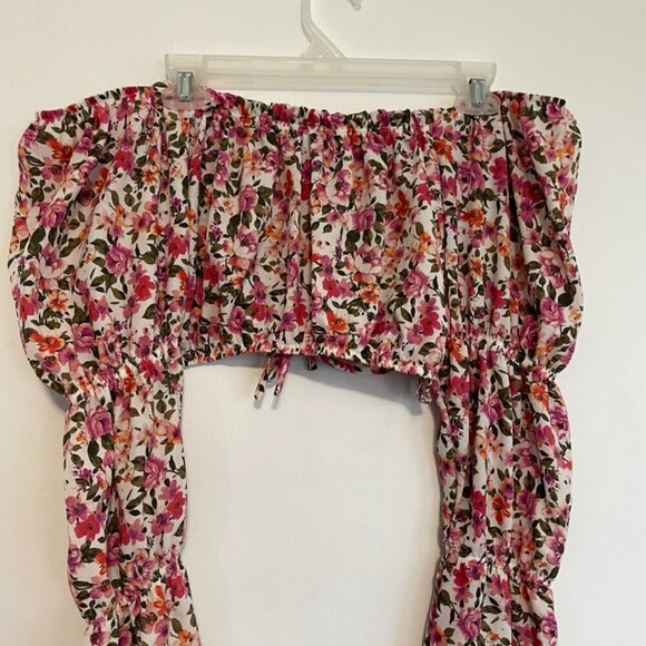ALMOST FAMOUS Cream Ivory Pink Floral Off the Shoulder Long Bell Sleeve Crop Top - Picture 11 of 12